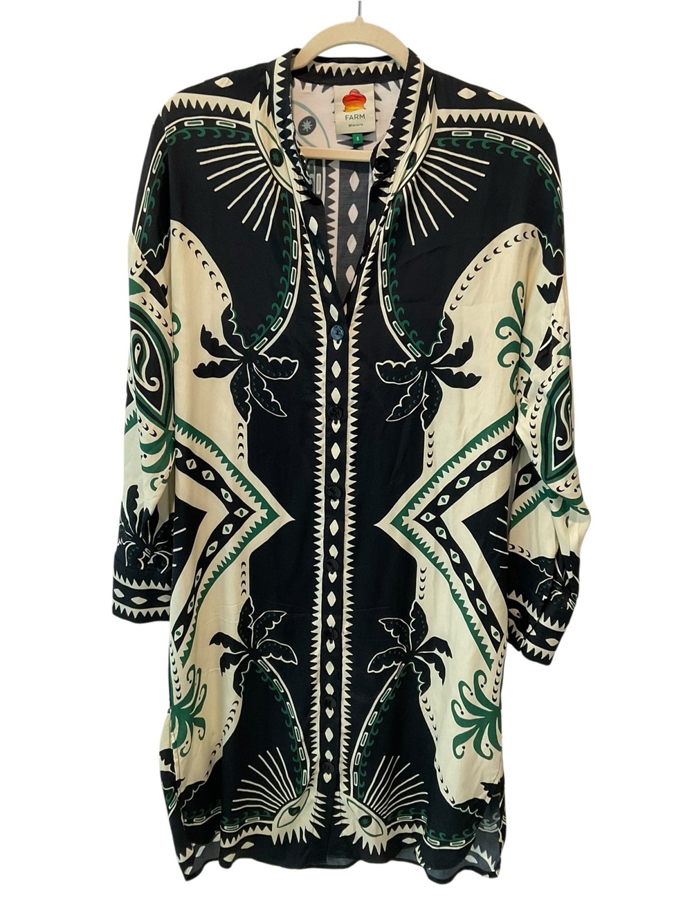 FARM Rio Mystic Scarf Chemise Dress Small Black Cream Celestial Palm Print - Picture 2 of 8